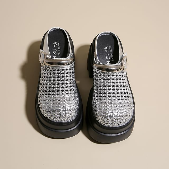 Platform Woven Buckled Mules