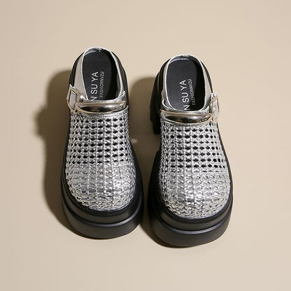 Platform Woven Buckled Mules