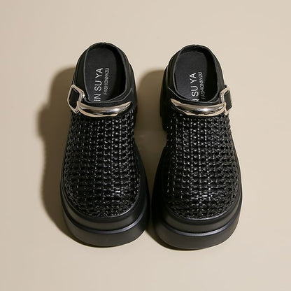 Platform Woven Buckled Mules