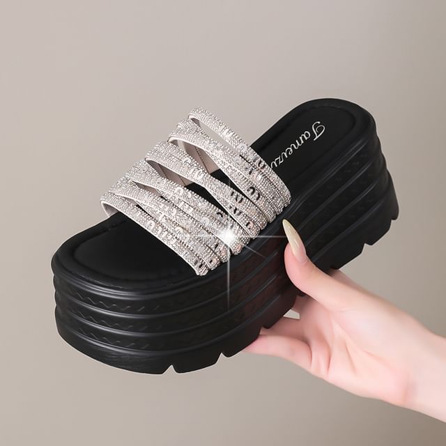 Platform Rhinestone Slide Sandals