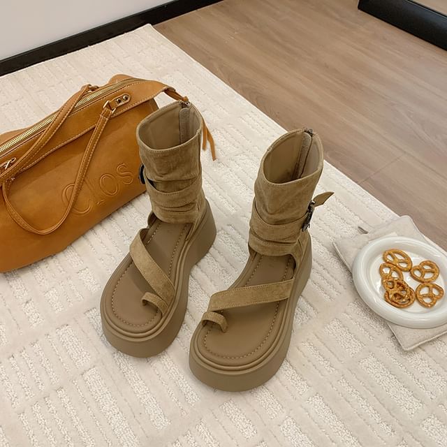 Platform Buckled Faux Suede Boot Sandals