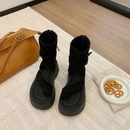 Platform Buckled Faux Suede Boot Sandals