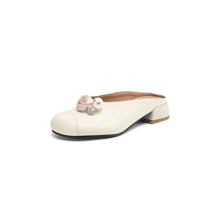 Faux Leather Faux Pearl Detail Mules