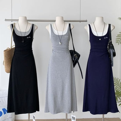 Two-Tone Sleeveless Mock Two-Piece A-Line Maxi Dress