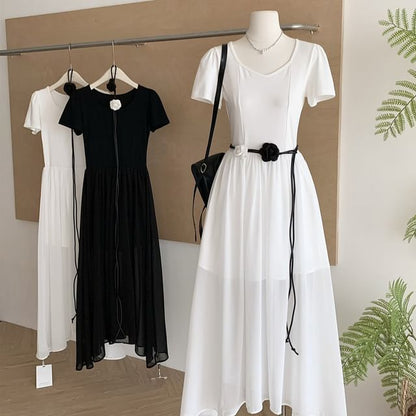 Sheer V-Neck Short-Sleeve A-Line Maxi Dress