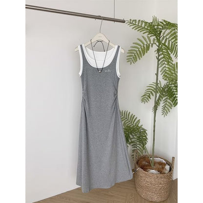 Two-Tone Sleeveless Mock Two-Piece A-Line Maxi Dress