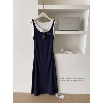 Two-Tone Sleeveless Mock Two-Piece A-Line Maxi Dress