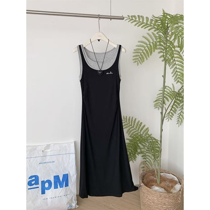 Two-Tone Sleeveless Mock Two-Piece A-Line Maxi Dress