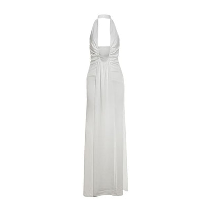 Plunge Halter V-Neck Ruched Open Back A-Line Maxi Dress
