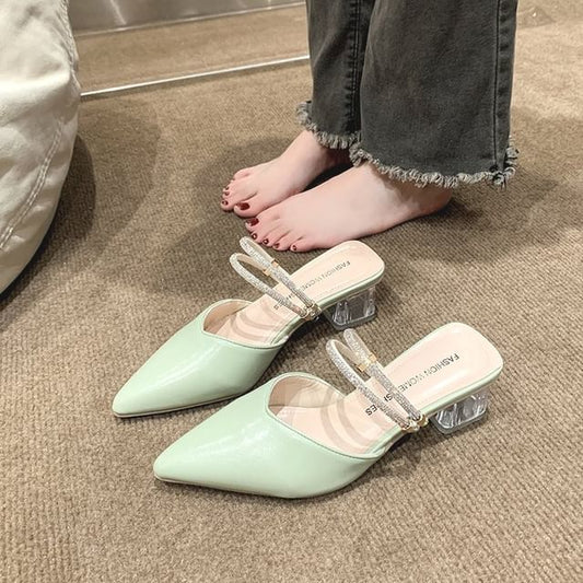 Chunky Heel Pointed Toe Rhinestone Strap Faux Leather Mules
