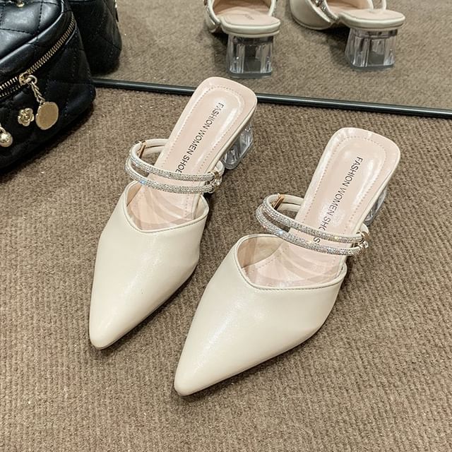 Chunky Heel Pointed Toe Rhinestone Strap Faux Leather Mules
