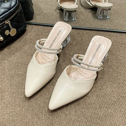 Chunky Heel Pointed Toe Rhinestone Strap Faux Leather Mules