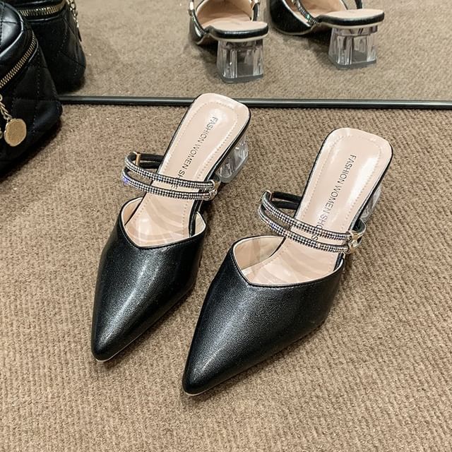 Chunky Heel Pointed Toe Rhinestone Strap Faux Leather Mules