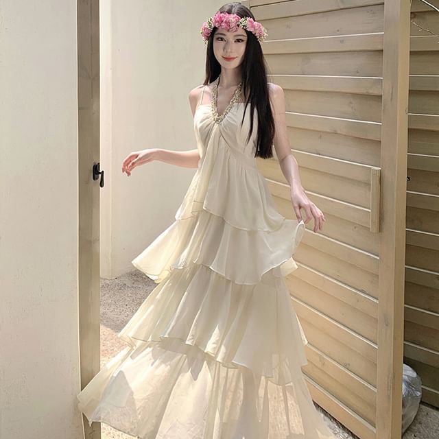 Ruched Halter Neck Tiered Maxi Dress