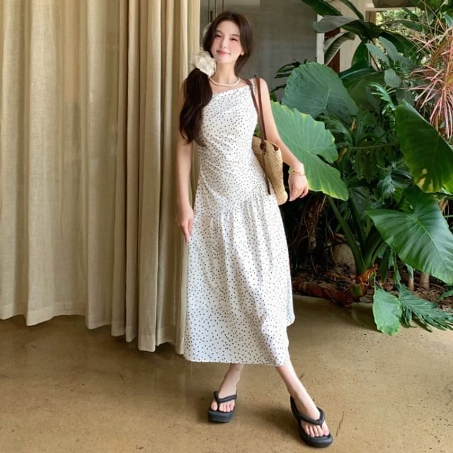 Dotted Cowl Neck Spaghetti Strap A-Line Maxi Dress
