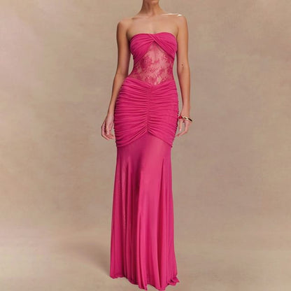 Ruched Lace Panel Tube Sheath Maxi Dress