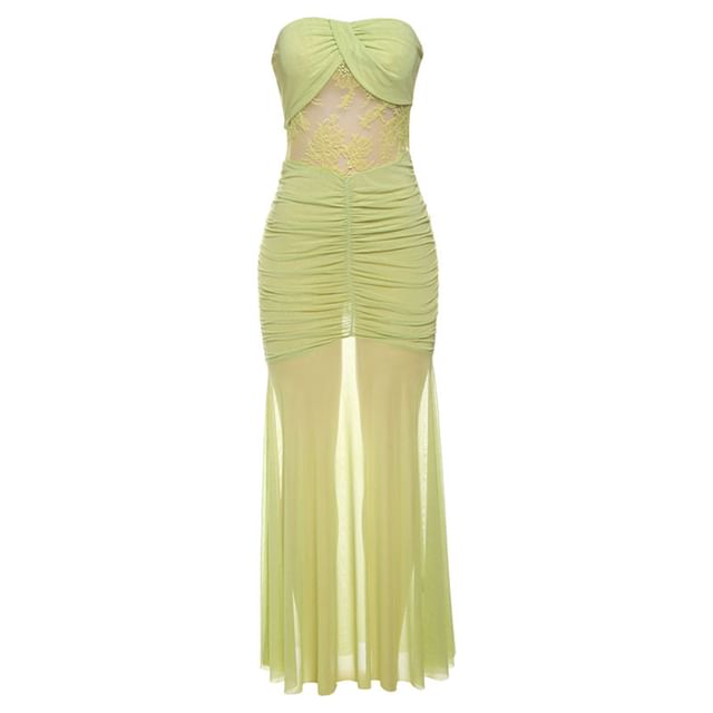 Ruched Lace Panel Tube Sheath Maxi Dress