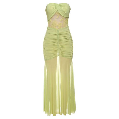 Ruched Lace Panel Tube Sheath Maxi Dress