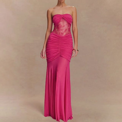 Ruched Lace Panel Tube Sheath Maxi Dress
