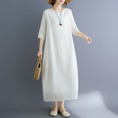 Crewneck Elbow-Sleeve Plain Shift Maxi Dress
