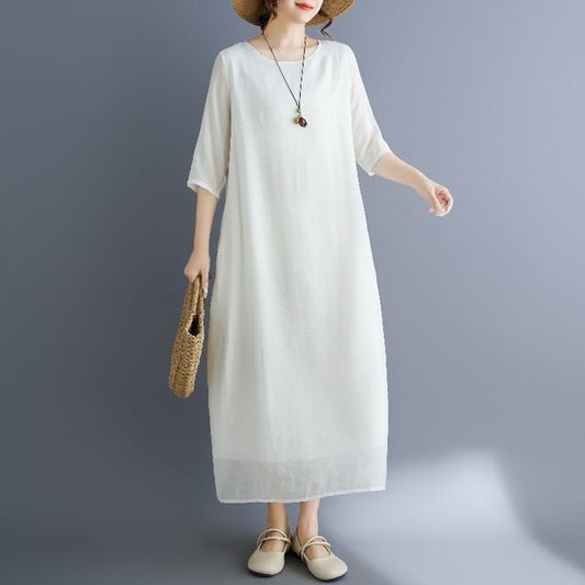 Crewneck Elbow-Sleeve Plain Shift Maxi Dress