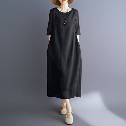 Crewneck Elbow-Sleeve Plain Shift Maxi Dress