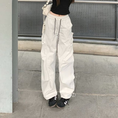 Drawstring Waist Plain Wide Leg Cargo Pants