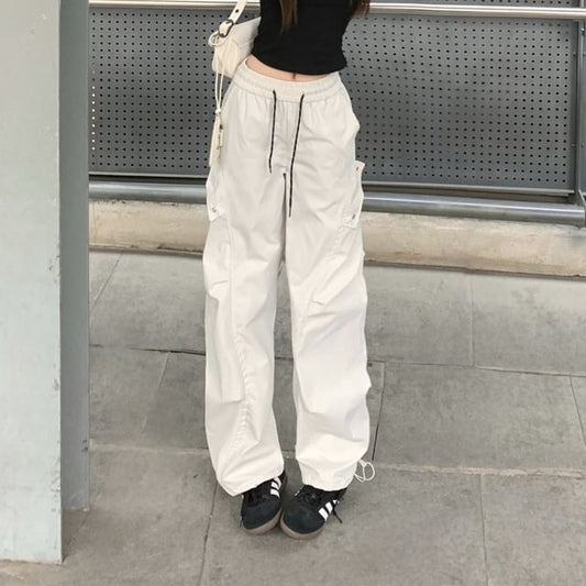 Drawstring Waist Plain Wide Leg Cargo Pants