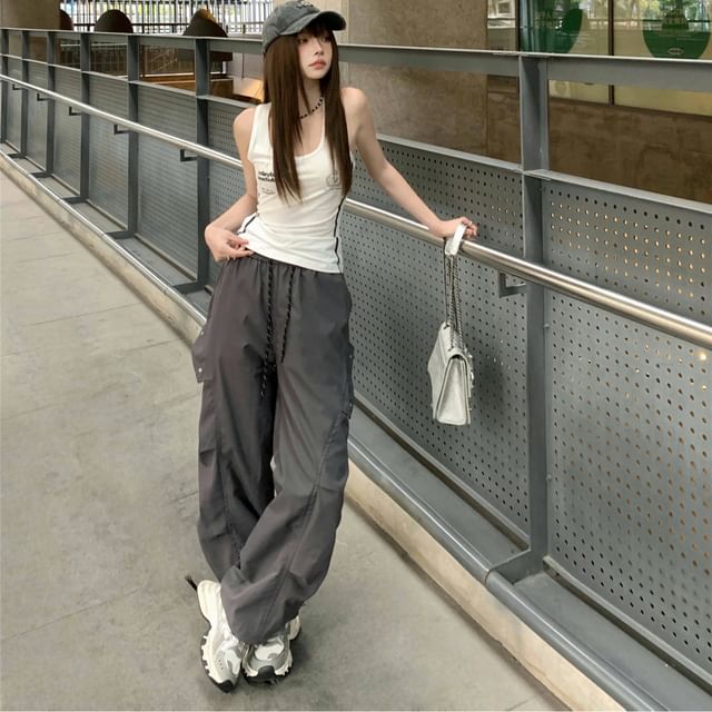 Drawstring Waist Plain Wide Leg Cargo Pants