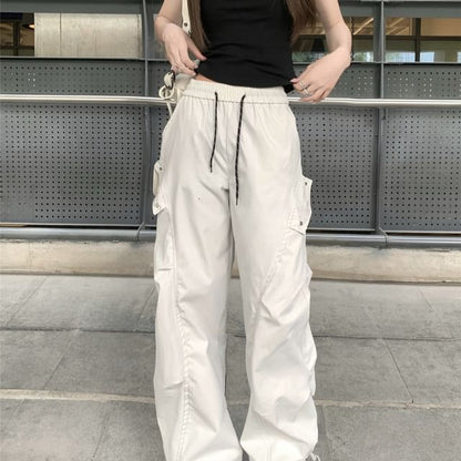 Drawstring Waist Plain Wide Leg Cargo Pants