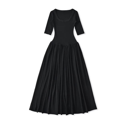 Ruched Elbow-Sleeve Scoop Neck A-Line Maxi Dress
