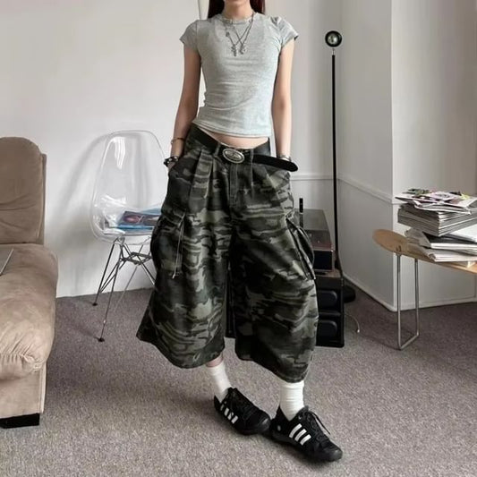 Low Waist Camouflage Cargo Capri Wide Leg Pants