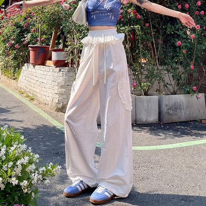 Drawstring Waist Plain Ruffle Baggy Cargo Pants