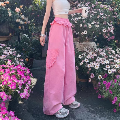 Drawstring Waist Plain Ruffle Baggy Cargo Pants