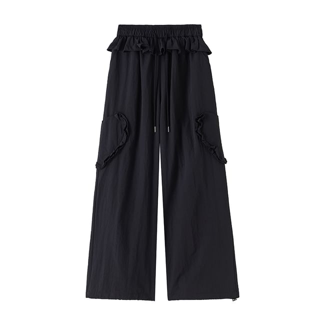 Drawstring Waist Plain Ruffle Baggy Cargo Pants