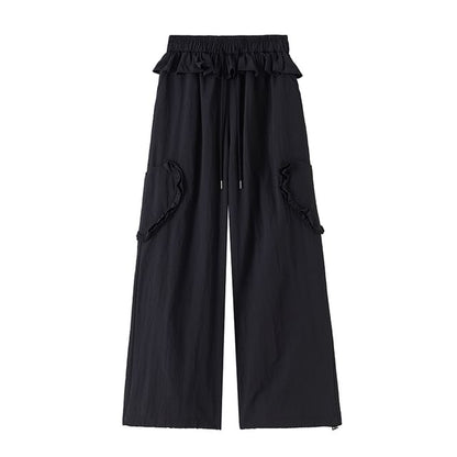 Drawstring Waist Plain Ruffle Baggy Cargo Pants
