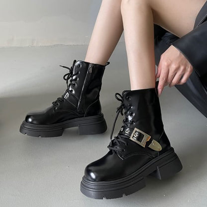 Faux Leather Buckled Platform Short Boots