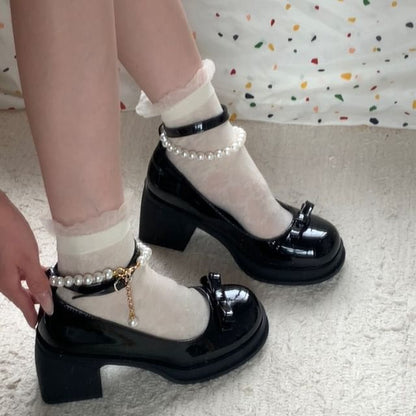 Block Heel Faux Leather Beaded Strap Pumps