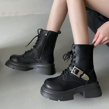 Faux Leather Buckled Platform Short Boots