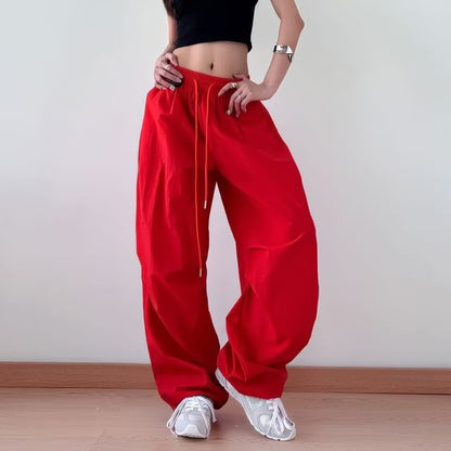 Drawstring Waist Plain Baggy Cargo Pants