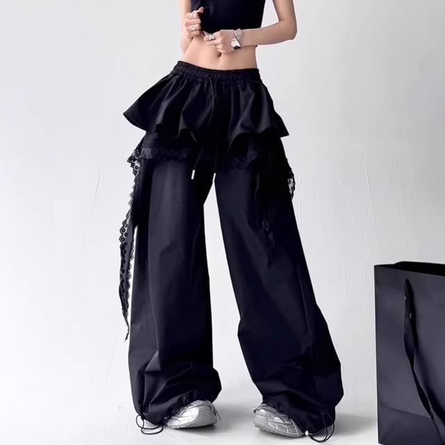 Drawstring Waist Lace Panel Layered Skirt Overlay Baggy Cargo Pants