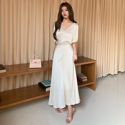 Satin V-Neck Sleeveless A-Line Maxi Dress