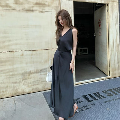 Satin V-Neck Sleeveless A-Line Maxi Dress