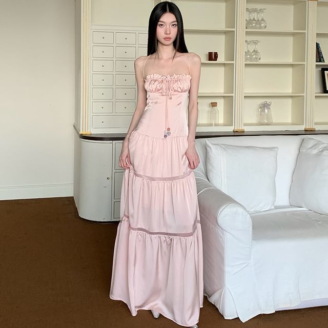 Tie-Up Satin Tiered Spaghetti Strap A-Line Maxi Dress