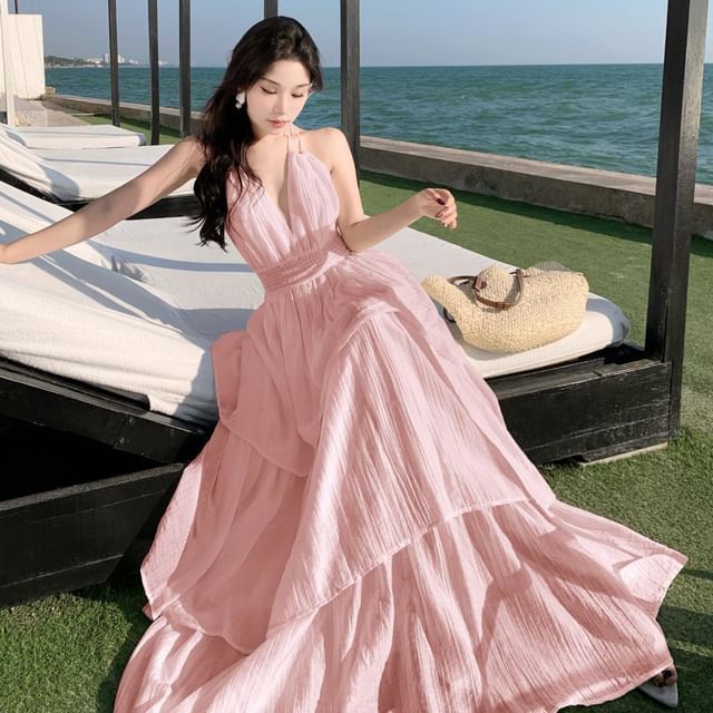 Smocked Tiered Open Back Maxi A-Line Dress with Halter Neckline