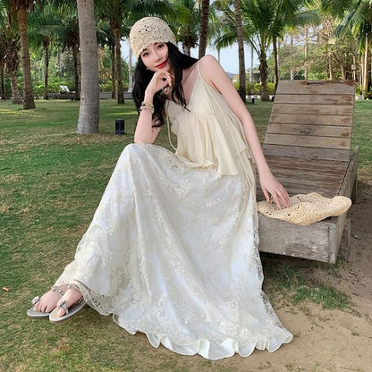 Asymmetric Lace Panel V-Neck Maxi Sundress