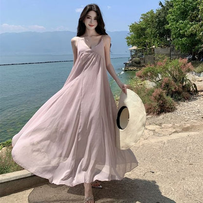 Plain Open Back V-Neck Maxi Sundress with Spaghetti Straps