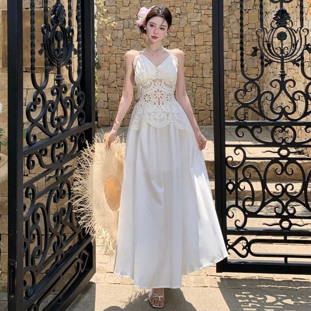 Eyelet Lace Panel Open Back Maxi A-Line Dress with Halter Neck