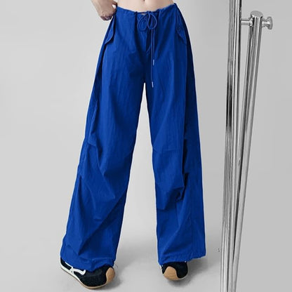 Drawstring Waist Plain Wide Leg Cargo Pants (Various Designs)