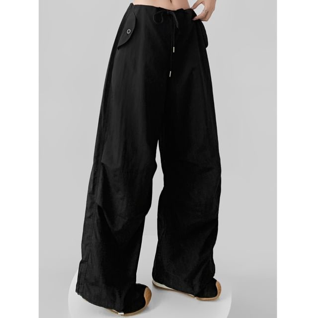 Drawstring Waist Plain Wide Leg Cargo Pants (Various Designs)
